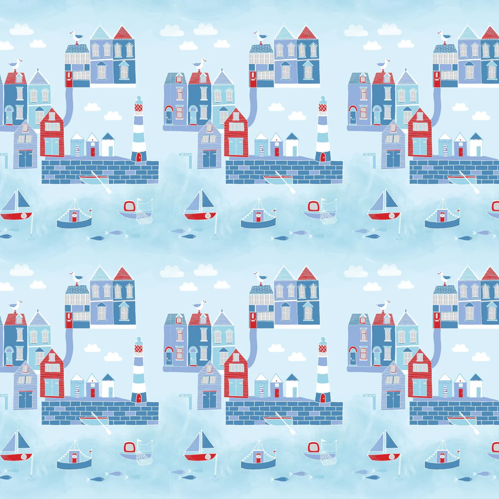 A Town by the Sea, 100% Quilting Cotton Blue Fabric