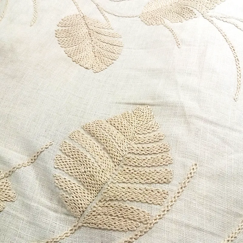 Stitched Cream Leaves Embroidered Linen Curtain Fabric