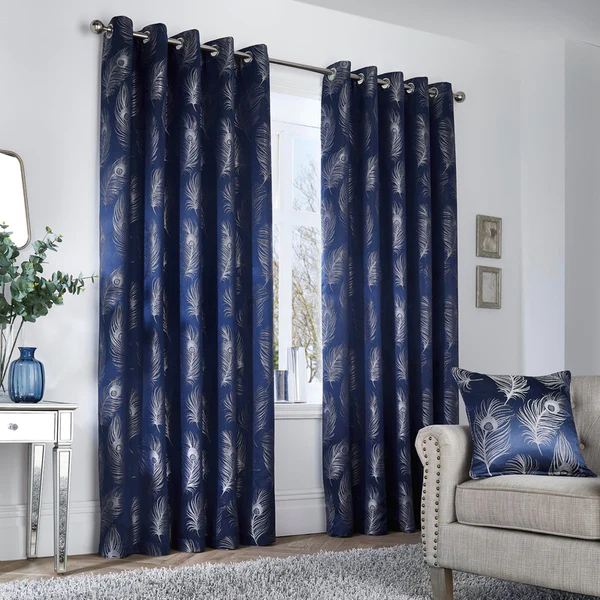 Feather Navy Ready Made Fully Lined Eyelet Curtains
