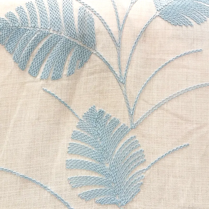 Stitched Blue Leaves Embroidered Linen Curtain Fabric