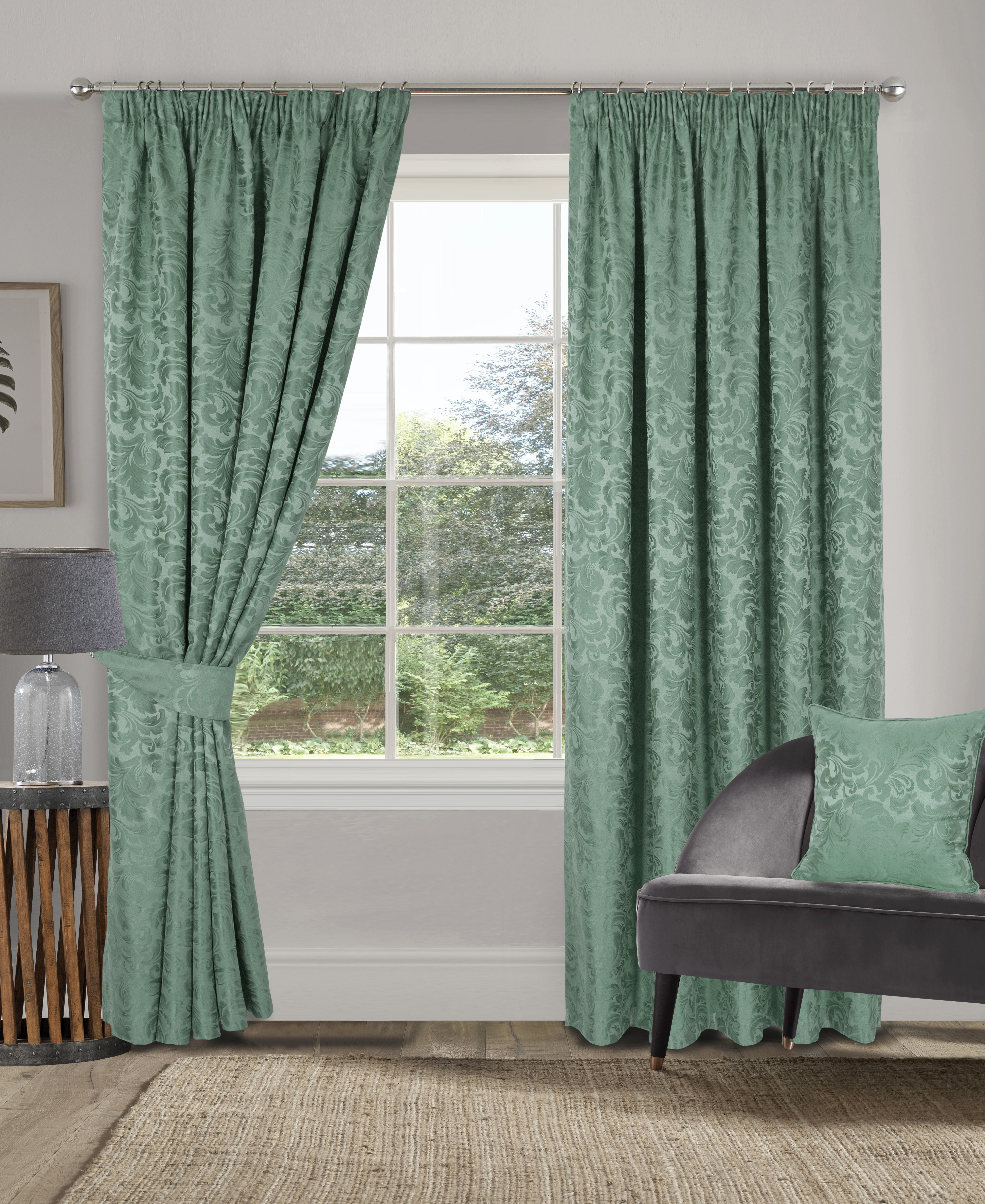 Buckingham Pencil Pleat Curtains Green