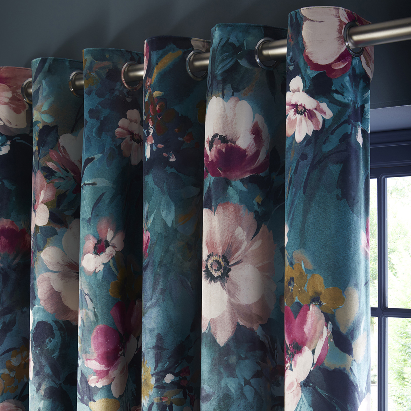 Bouquet Kingfisher Ready Made Eyelet Curtains