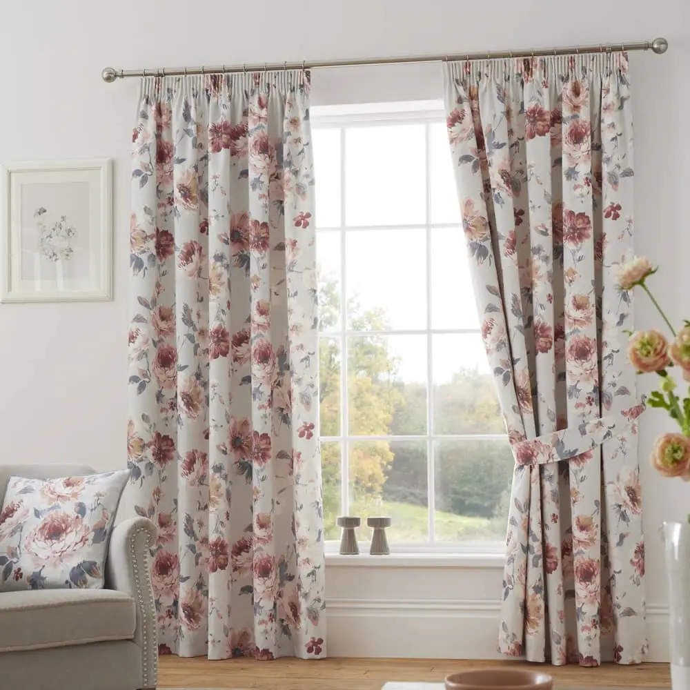 Charity Coral Ready Made Lined Pencil Pleat Curtains