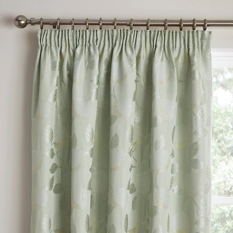 Bramford Jacquard Green Ready Made Fully Lined Pencil Pleat Curtains