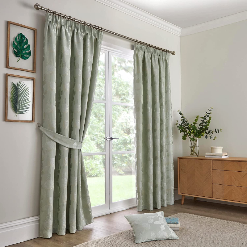 Bramford Jacquard Green Ready Made Fully Lined Pencil Pleat Curtains