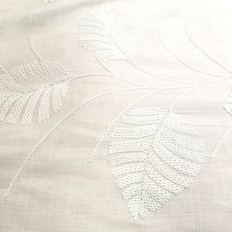 Stitched White Leaves Embroidered Linen Curtain Fabric