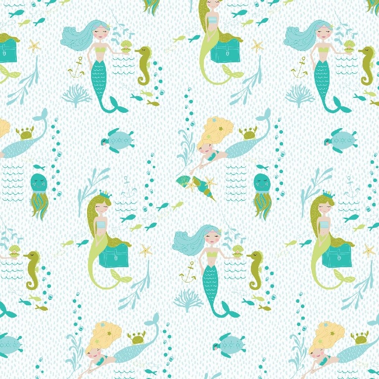 Splash Mermaid Green Cotton Quilting Fabric