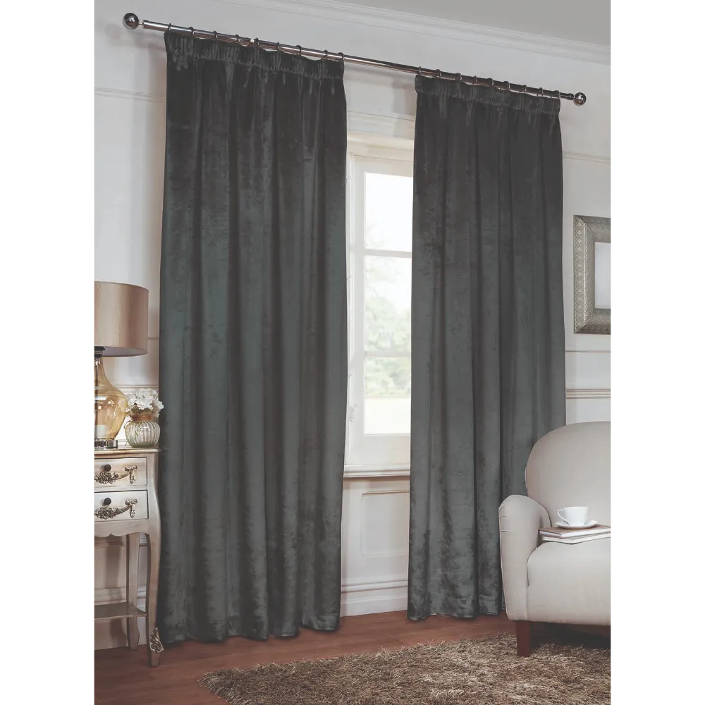 Crushed Velvet Charcoal Fully Lined Eyelet Ready Made Curtains